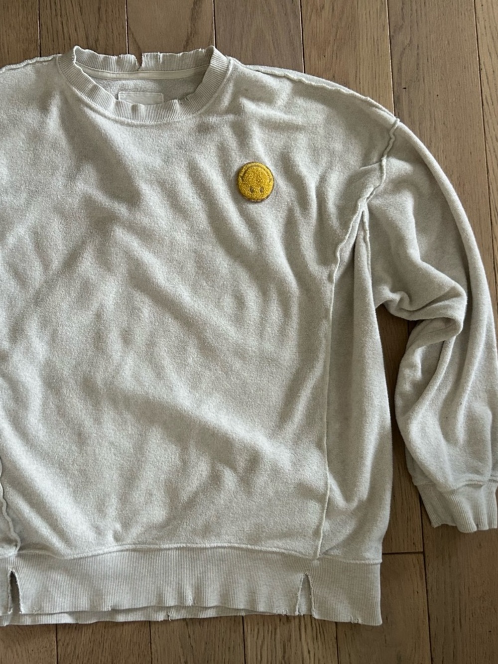 Aerie Distressed, Terrycloth Crewneck with Smiley Patch